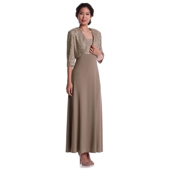 New! R&M RICHARDS Women's Sequin Lace 2-Piece Dress & Jacket Color Mocha Brown - Picture 1 of 4